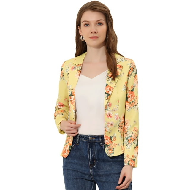 Chaqueta Tipo blazer Allegra K Informal con Solapa de Muesca Y Manga Larga Amarillo-Floral S