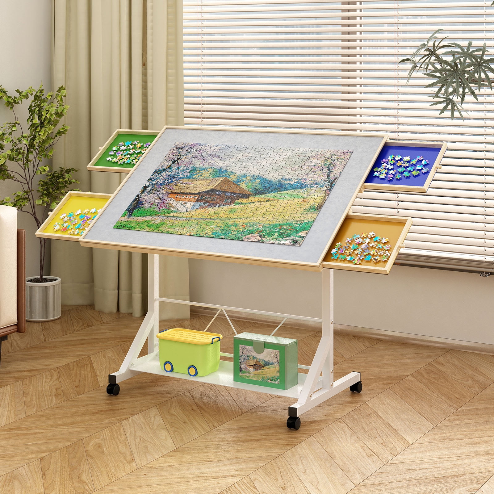 CQSXDA 1500 Piece Capacity Wooden Puzzle Table in White, Adjustable Height and Angle, with Drawer and Protective Cover Included 360 Degree Tilting Design and Rolling Wheels