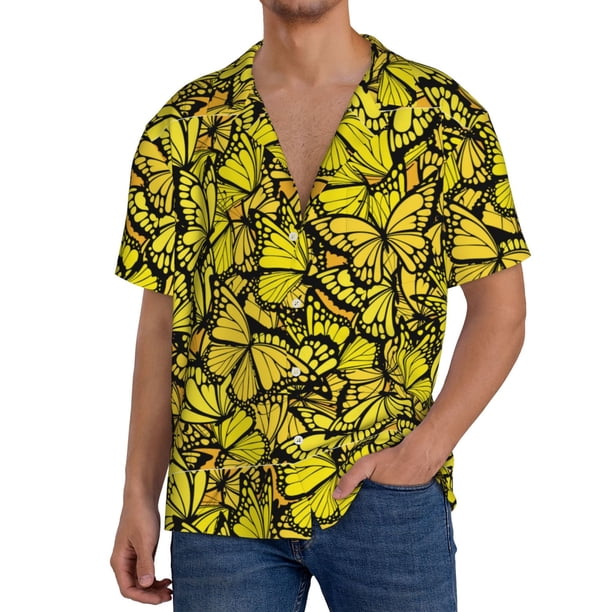 Balery Yellow Butterflies Camisa Casual de Manga Corta con Botones para Hombre, Texturizada, Estilo Cubano, para Playa, Verano-Small