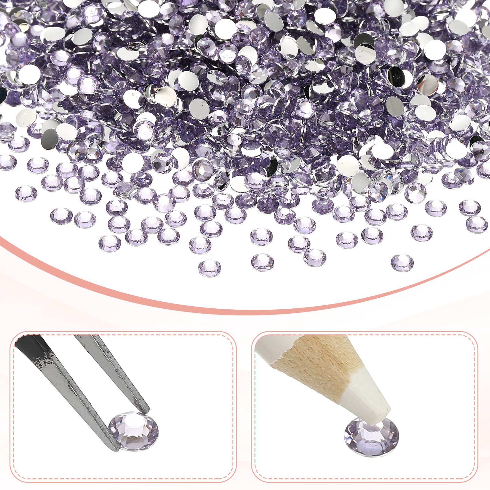 1-Set Resin Flatback Rhinestone, 5mm Flat Back Rhinestones Crystals Bulk for Crafts/Clothes/Nail Decoration, 15000 Pack with 1 Wax Pen and 1 Tweezer [Light Purple]