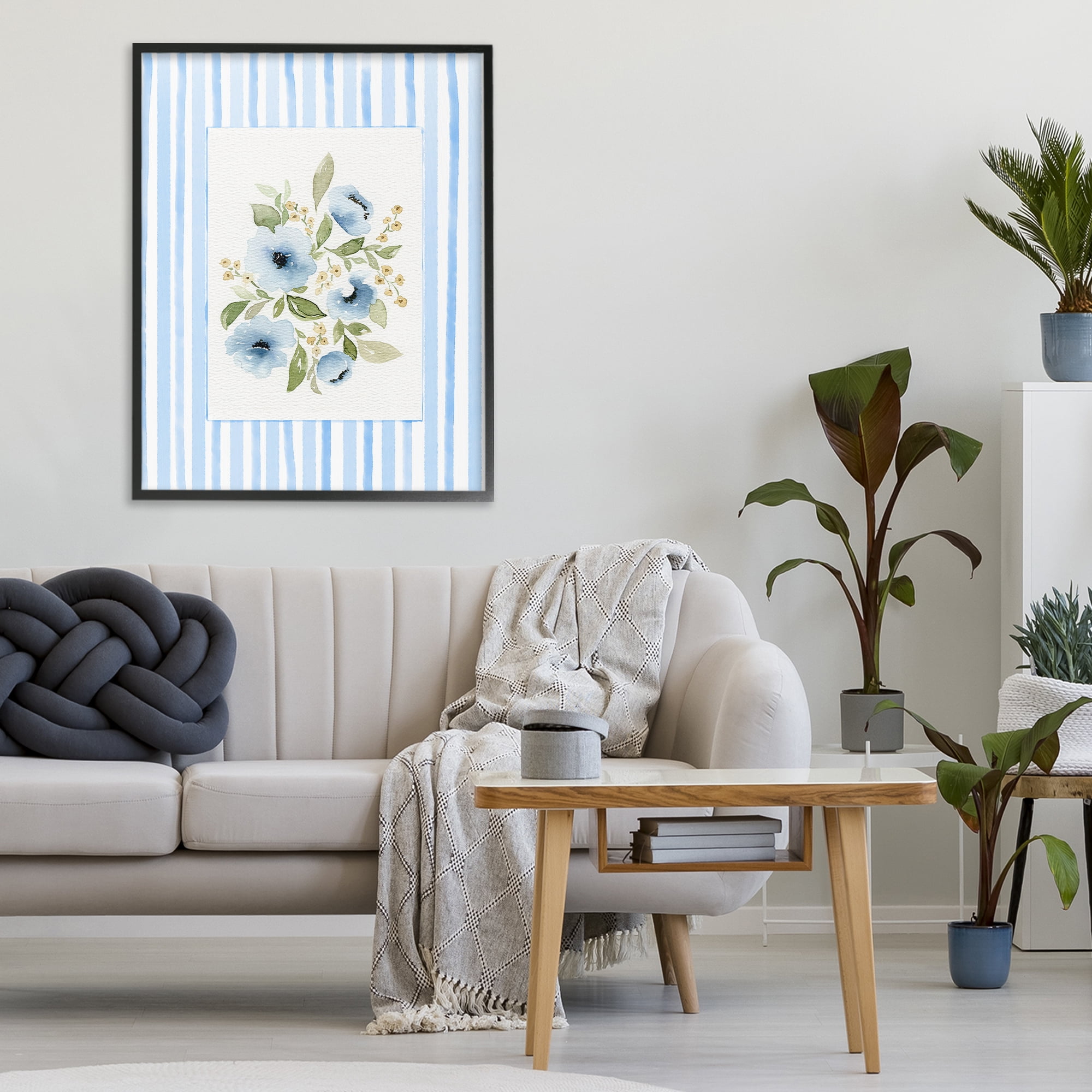Stupell Industries Flowers with Blue Stripes Black Framed Giclee Art, design by Leah Noel Art