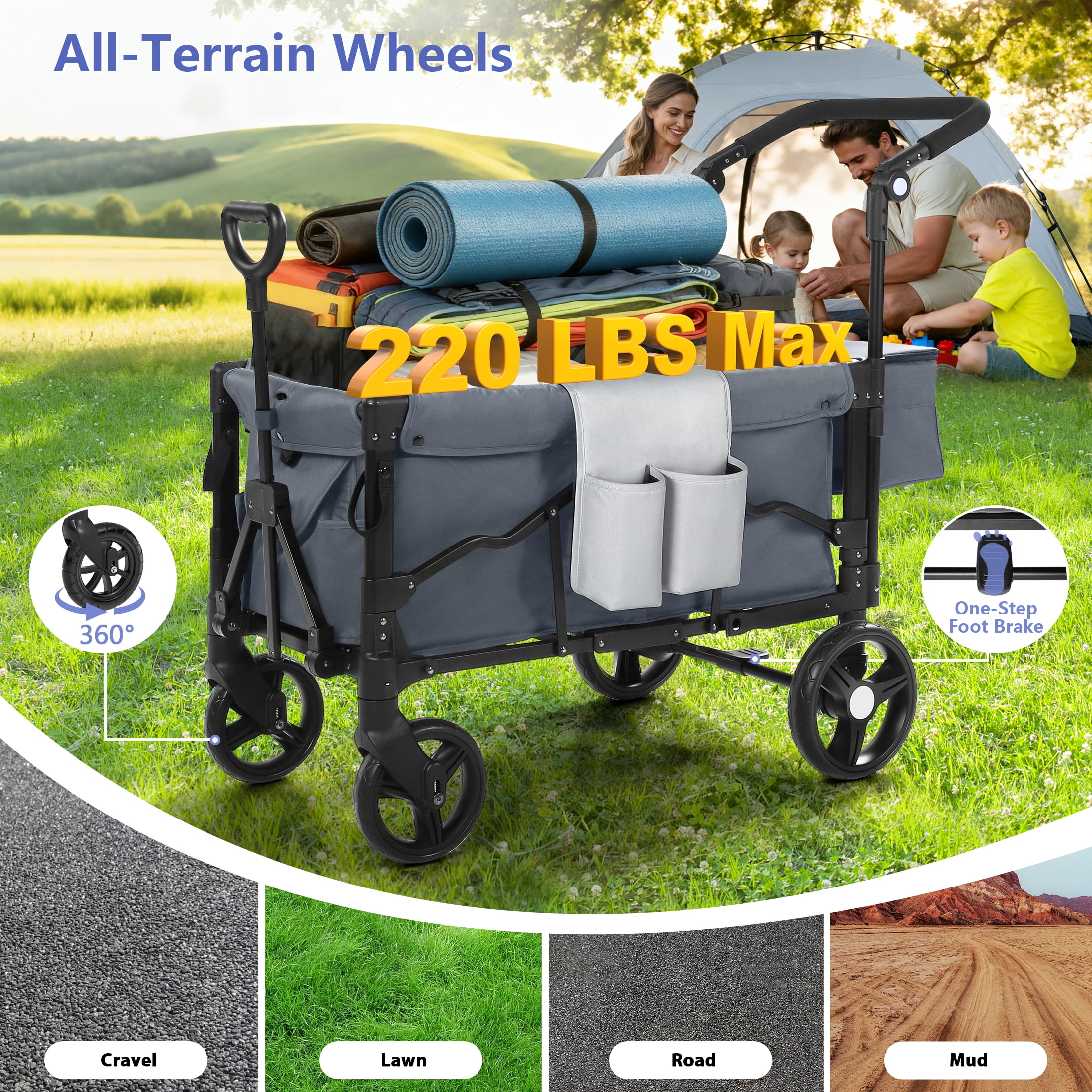 Minikid Baby Wagon Stroller for 2 Kids,Toddler Stroller With Canopy, Gray
