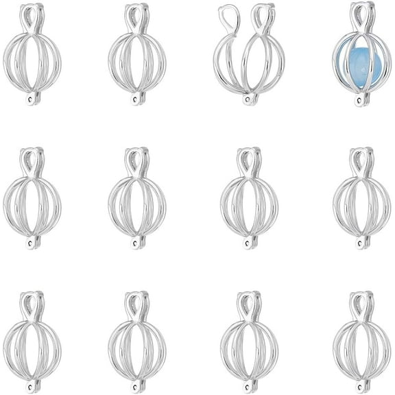 12Pcs Locket Pendants Openable Cage Charms Platinum Necklace Holder Hollow Charms Metal Ball Pendants Pearl Cage Charms for DIY Necklace Bracelet Jewelry Making