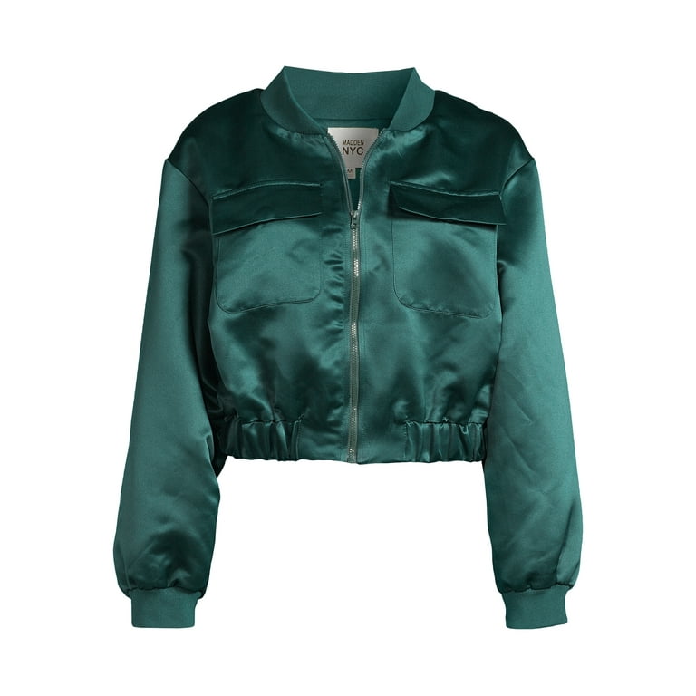 Madden NYC Juniors Satin Bomber Jacket, Sizes XS-3XL Madden NYC Juniors Satin Bomber Jacket, Sizes XS-3XL