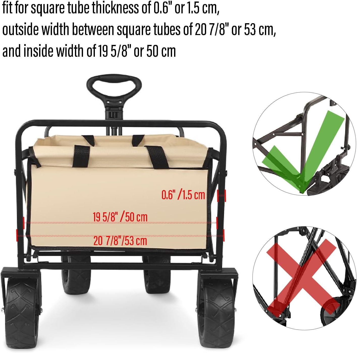 Universal Folding Wagon Push Handle Attachment (20 7/8 Inch/53 cm Outer Width and 19 5/8 Inch/50 cm Inside Width)-Adjustable Push/Pull Bar for Garden Carts,Can be Fixed on 0.6in/1.5cm Square Tube