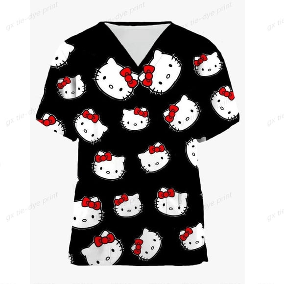 Jiayi Women's V-Neck Pocket Hello Kitty Short Sleeve Scrub Top, Cartoon Print, Regular