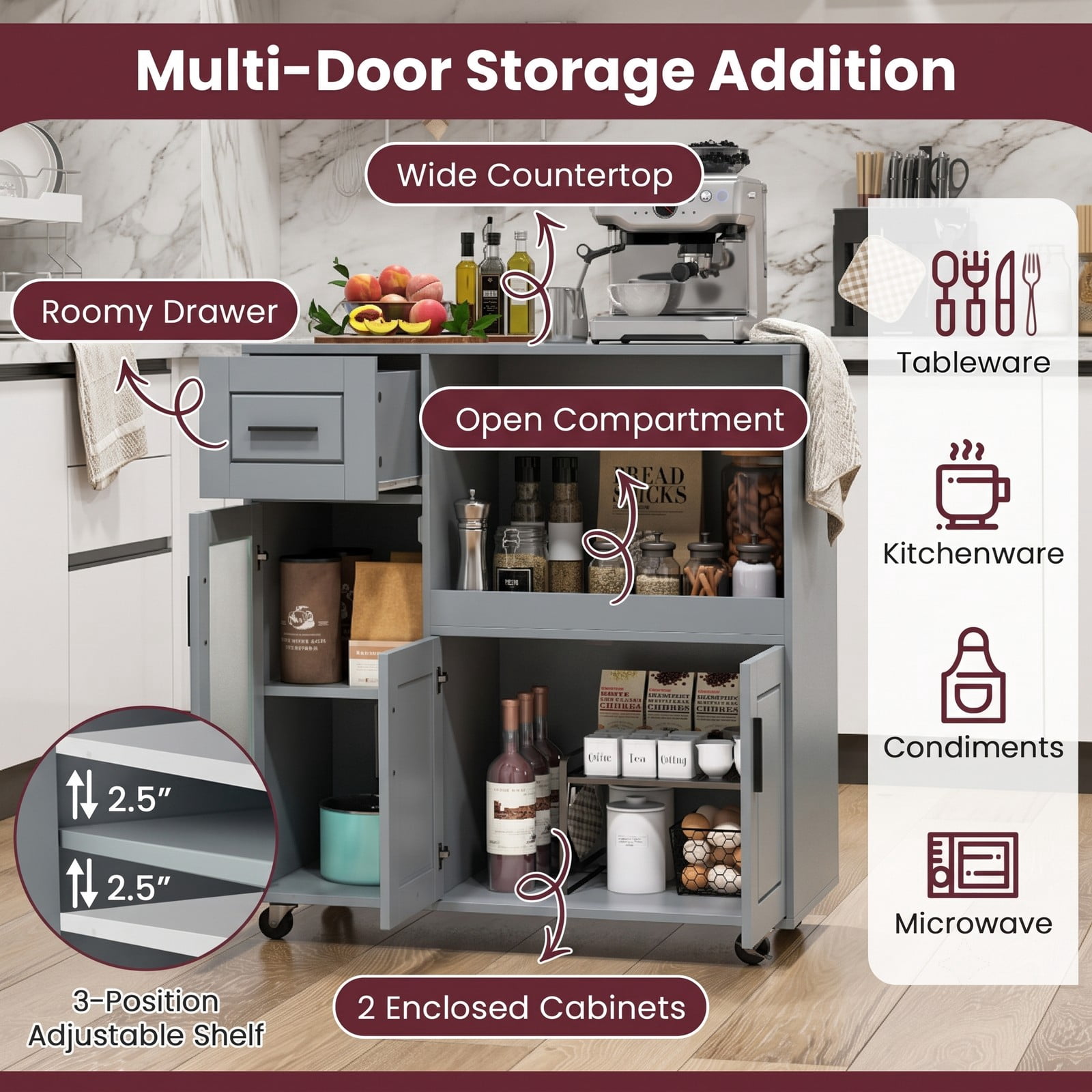 Furnibear Rolling Kitchen Island Cart with Wheels, Drawer, Frosted Glass Door Cabinet and Adjustable Shelf, Mobile Storage Trolley for Kitchen Dining Room, Gray