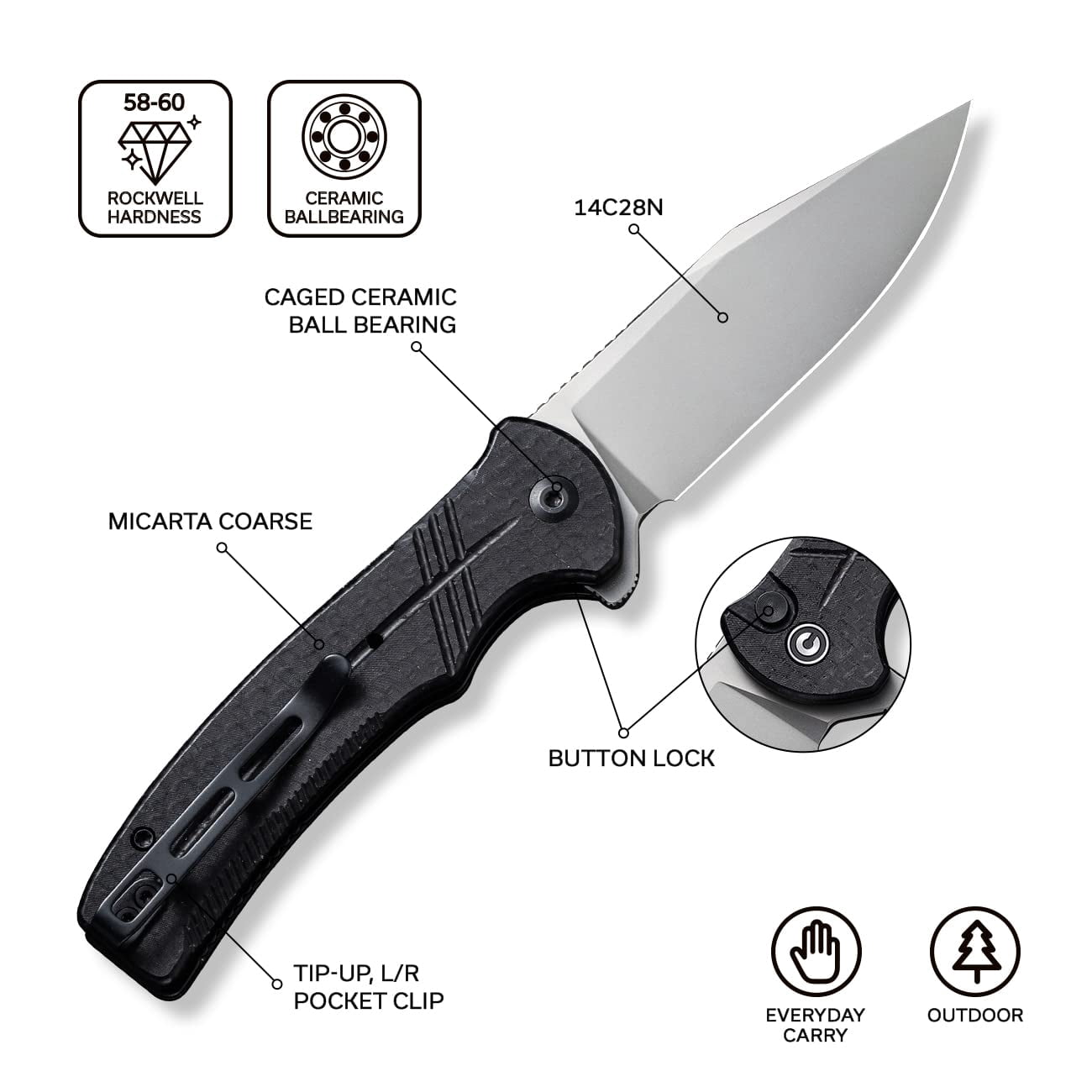 CIVIVI Folding Pocket Knife, Button Lock Flipper Cogent Knife 14C28N Blade Black Micarta Handle C20038D-7