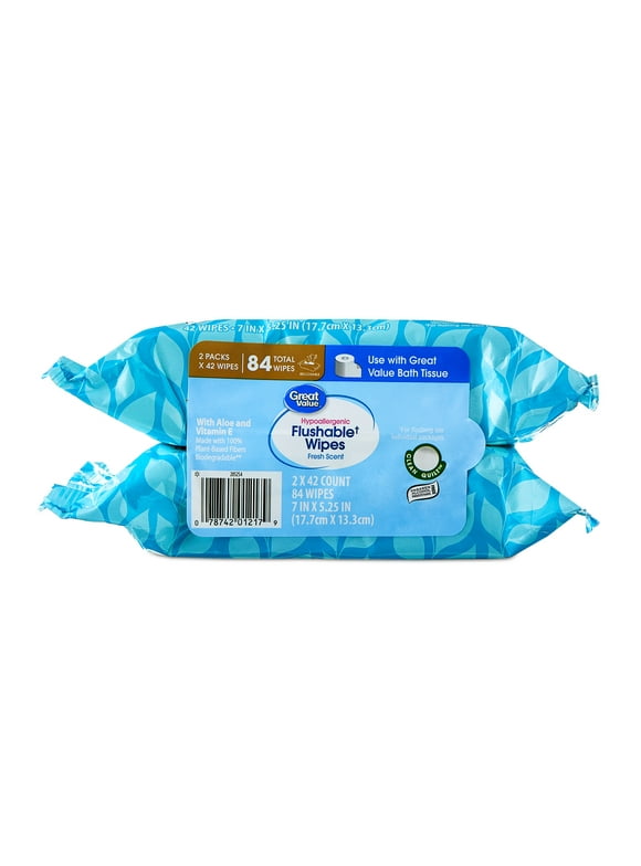 Great Value Fresh Scent Flushable Wipes, 2 Resealable Packs, 84 Total Wipes