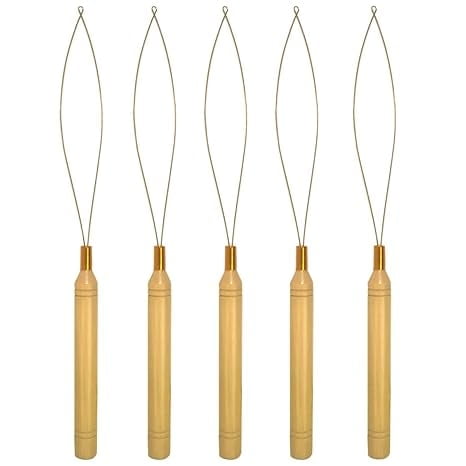 Januofit 5PCS Needle Threaders & Hair Extension Loop Tools for Easy Stringing and Styling, Perfect for Hair Extension Beads and Automatic Needle Threading (Wooden Handle)