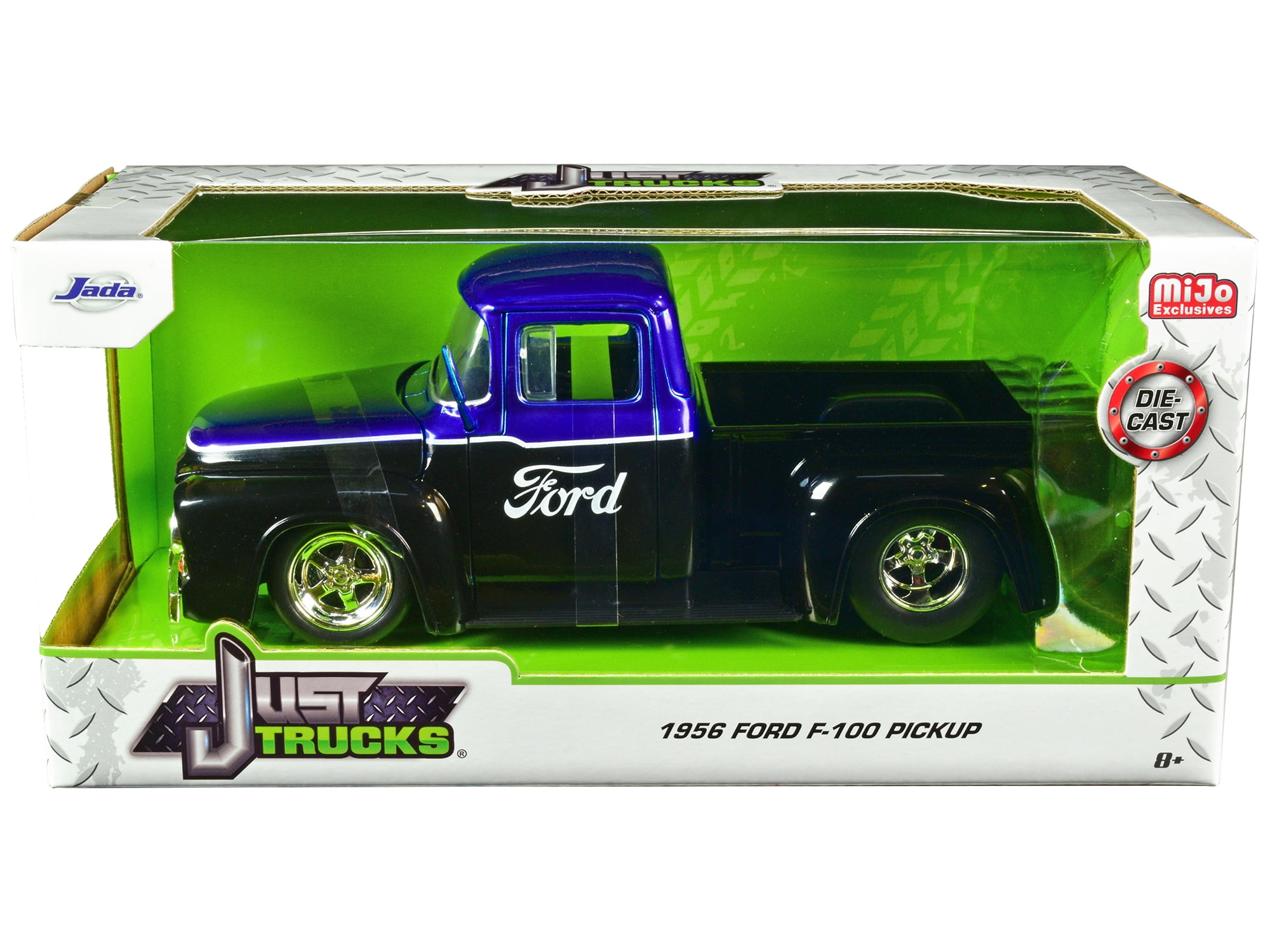 1956 Ford F-100 Pickup Truck Black and Blue Metallic with Ford Graphics "Just Trucks" Series 1/24 Diecast Model Car by Jada