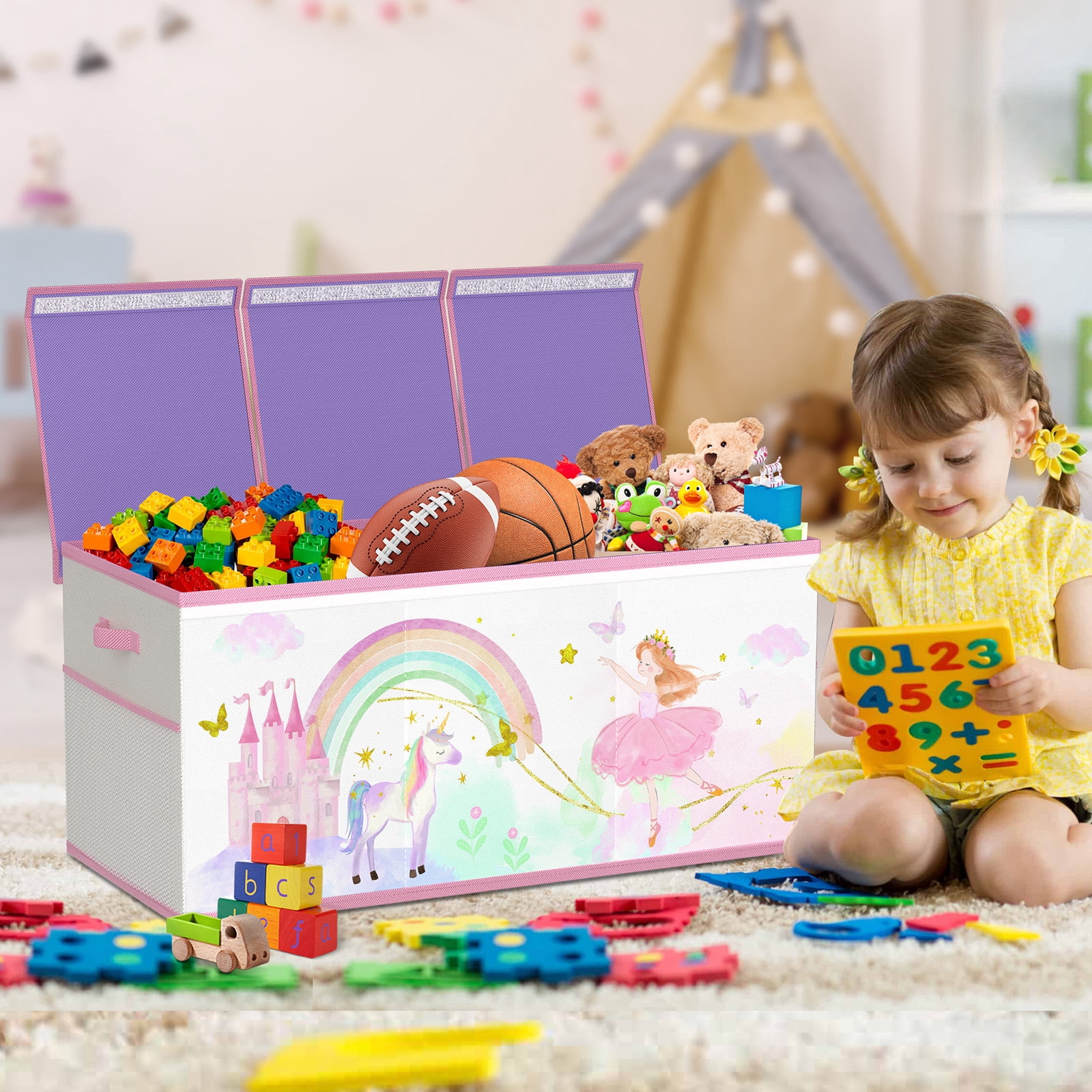 Extra Large Toy Storage Box for Girls Boys - Collapsible Toy Chest Organiser for Kids,Toy Bin Container with Lid for Clothes,Blanket,Nursery,Playroom,Bedroom,Stuffed Animals,Quilt(Beige&Purple)