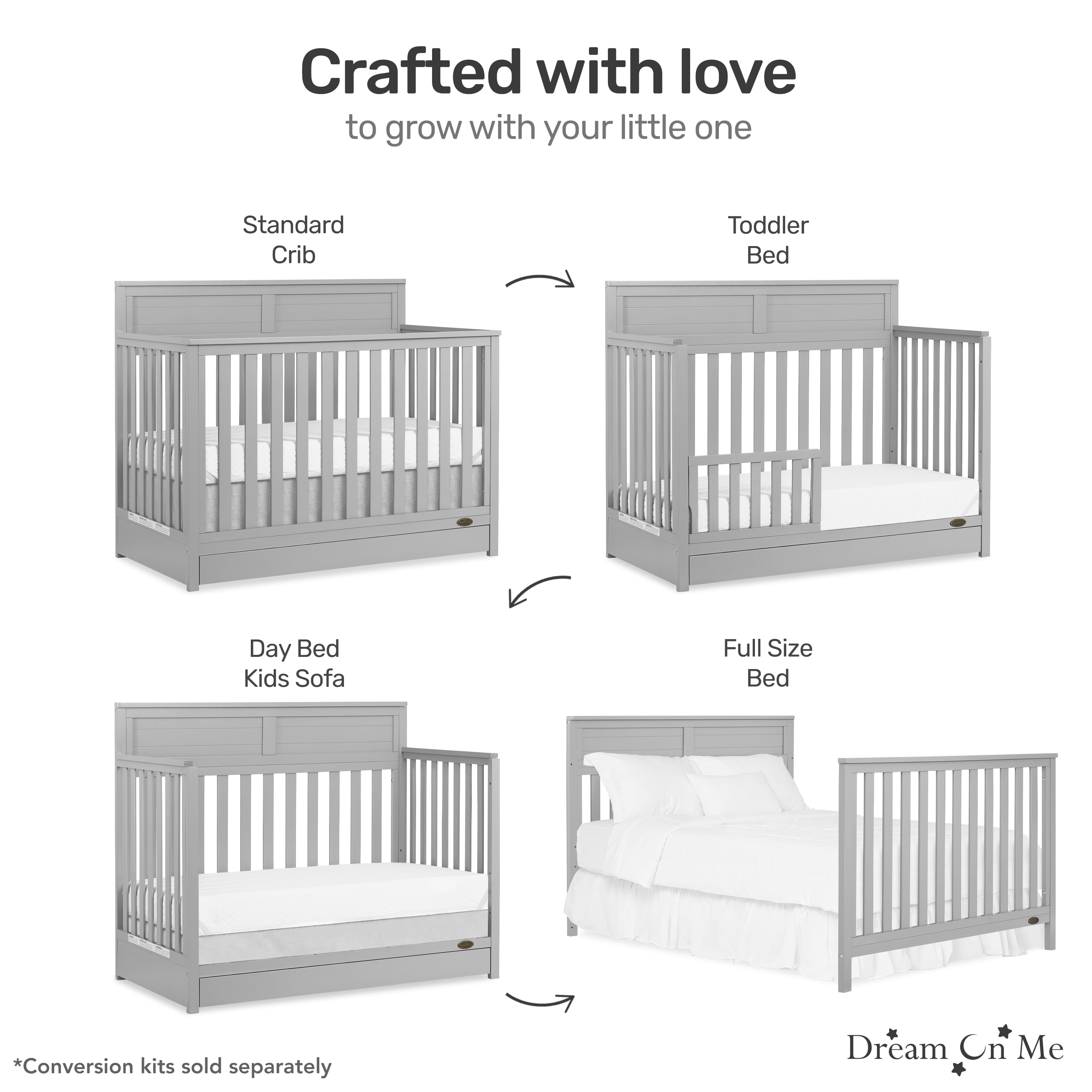 Dream On Me Reign 5 in 1 Convertible Crib with Under Drawer in Pebble Gray