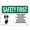 thumbnail image 1 of SignMission OS-SF-A-1218-L-10998 12 x 18 in. OSHA Safety First Sign - Use PPE During Bit Change Cleaning with Symbol, 1 of 1