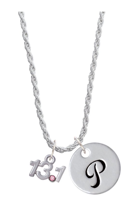 Silvertone Half Marathon - 13.1 with Pink Crystal Silvertone Script Initial Disc - P - Charm Necklace, 20"+3"
