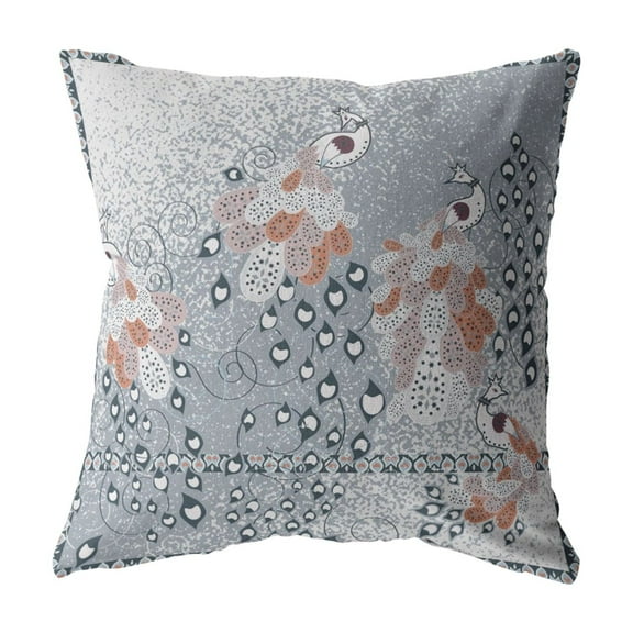 Painted Peacock Indoor/Outdoor Fabric Pillow with Zip in Gray on Blue20x20