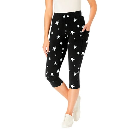 Woman Within Plus Size Stretch-Cotton Knit Pull-On Printed Pocket Capri Leggings