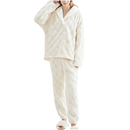 Womens Warm Fleece Pajamas Set Long Sleeve Pullover Top Pants Loose Sherpa Sleepwear Warm Fuzzy Loungewear (XL Beige)