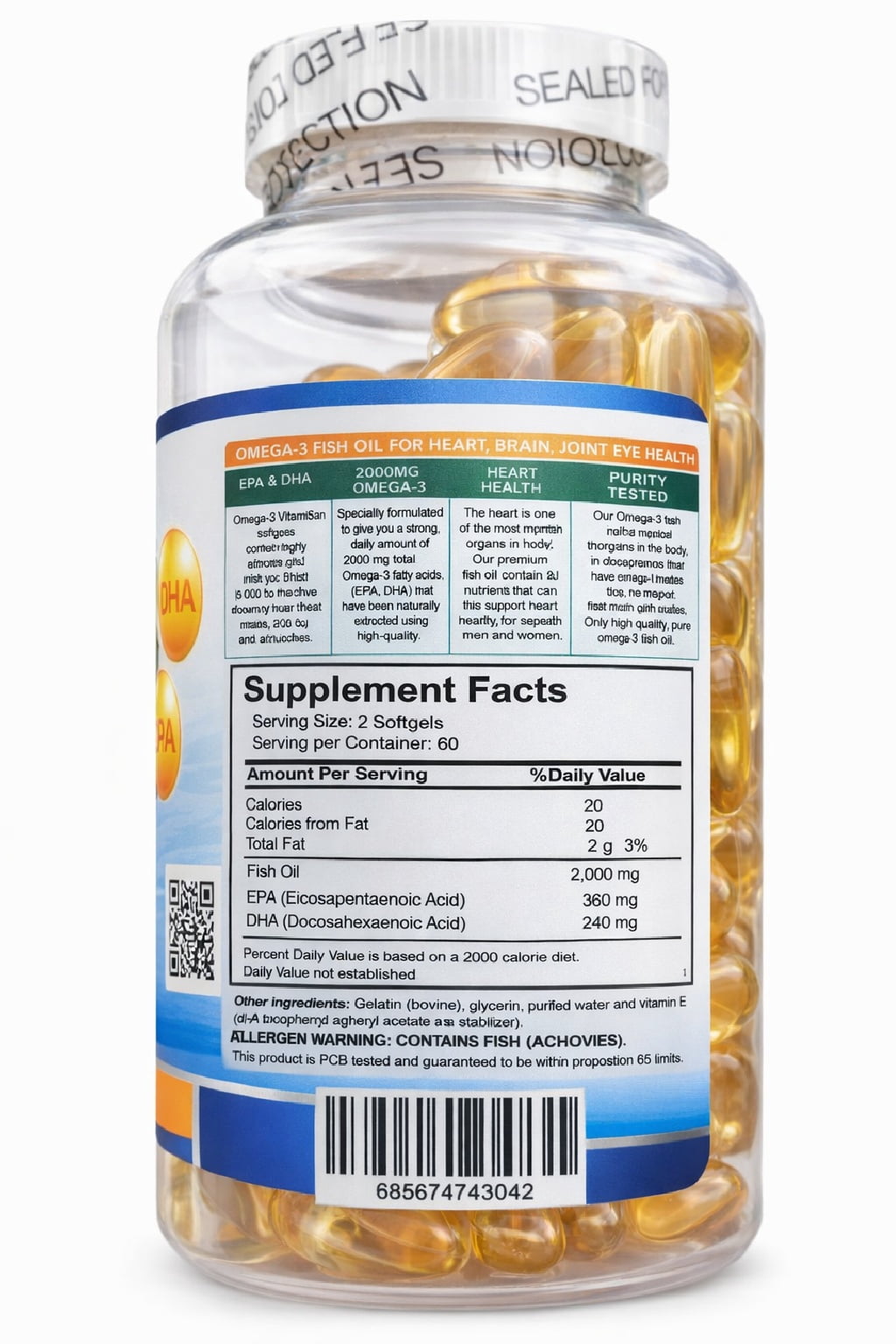 Vitamisan Omega 3 Fish Oil 2000 mg – 120 Softgels – EPA & DHA Support – Heart, Brain & Joint Health – Extra Strength Fish Oil Supplement