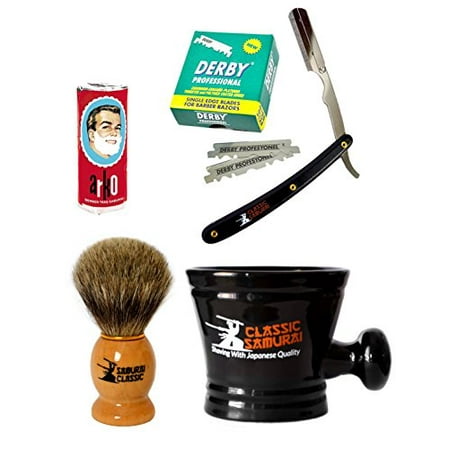 Shaping Set - Classic Samurai Men's Shaving Set with Stainless Steel Professional Barber Straight Razor Shavette with 100 Derby Single Razor Blades, Pure Badger Shaving Brush, Arko Stick Soap and Porcelain Mug
