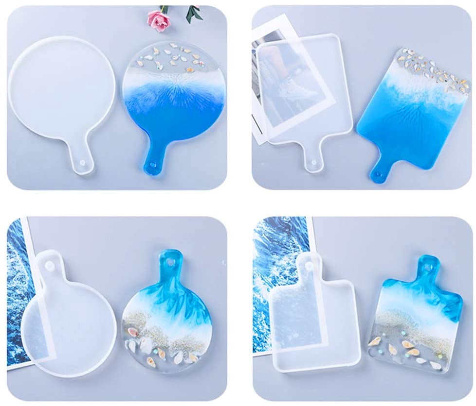 ABCISI 4Pcs Resin Tray Molds, Rectangle Silicone Molds for Cutting Board, Round Epoxy Resin Casting Molds with Handles, DIY Large Serving Tray Mold Set