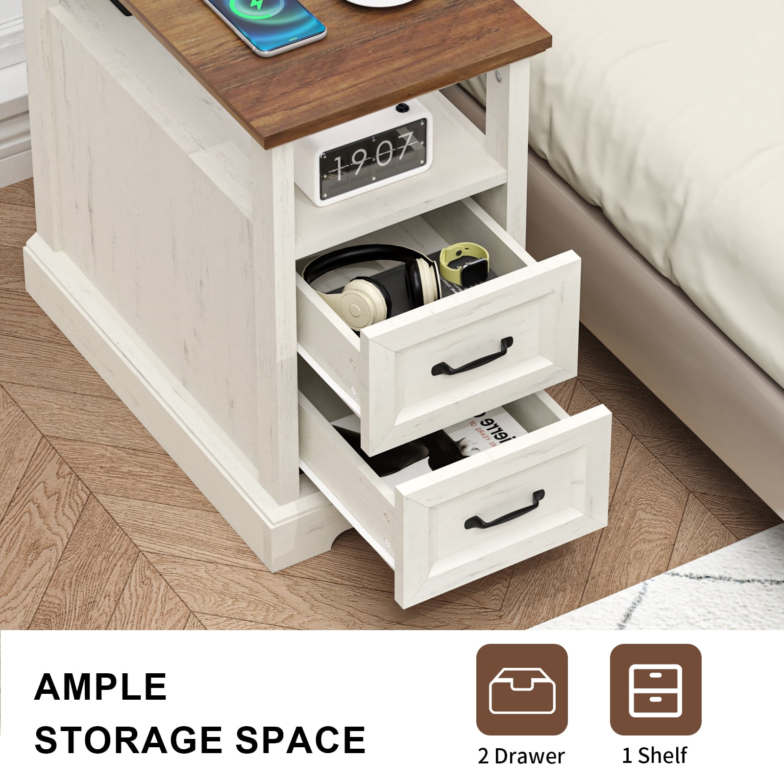 Hommpa 2 Drawers End Tables With Charging Station For Living Room, Farmhouse Narrow Sofa Side Table For Small Spaces, Nightstand Bedside Table with Storage For Bedroom, Rustic White