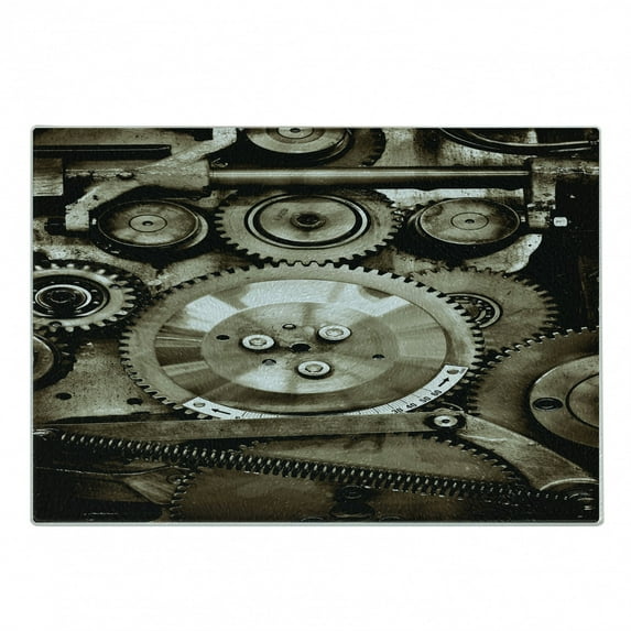 Industrial Cutting Board, Pieces of Old Mechanism Close up Gears View Grunge Antique Cogs Technical Image Print, Decorative Tempered Glass Cutting and Serving Board, Small Size, Sepia, by Ambesonne