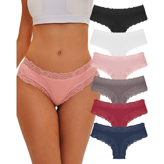 IF YOU Womens Cotton Underwear Lace Brazilian Panties Soft Breathable Cotton Bikini for Ladies 6 Pack