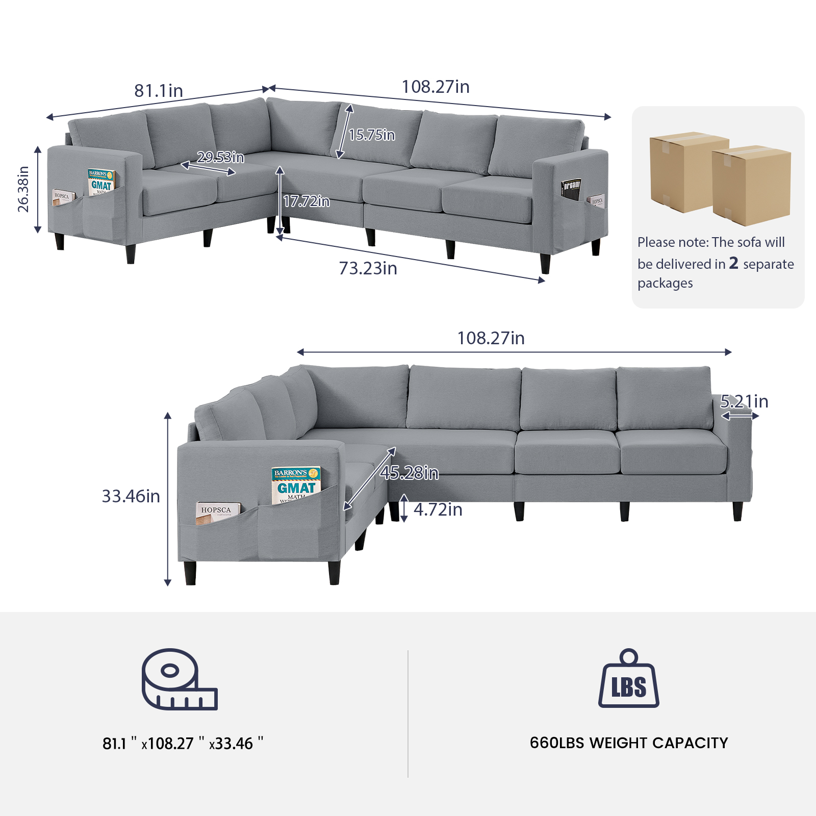 ZAFLY L-Shaped Couch, Sectional Corner Couches and Sofas with Linen Fabric for Living Room -  Light Grey