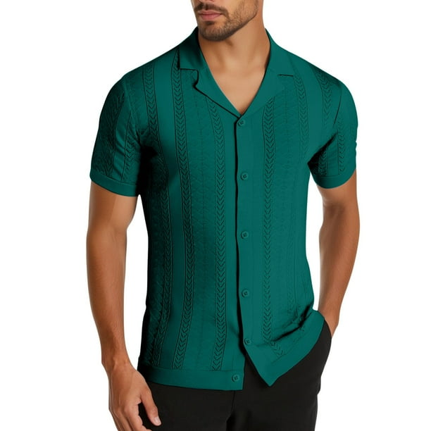 Camisas de Golf de los Hombres de Punto de Manga Corta Botón Arriba Cardigan, Solapa Casual Retro Top de Playa