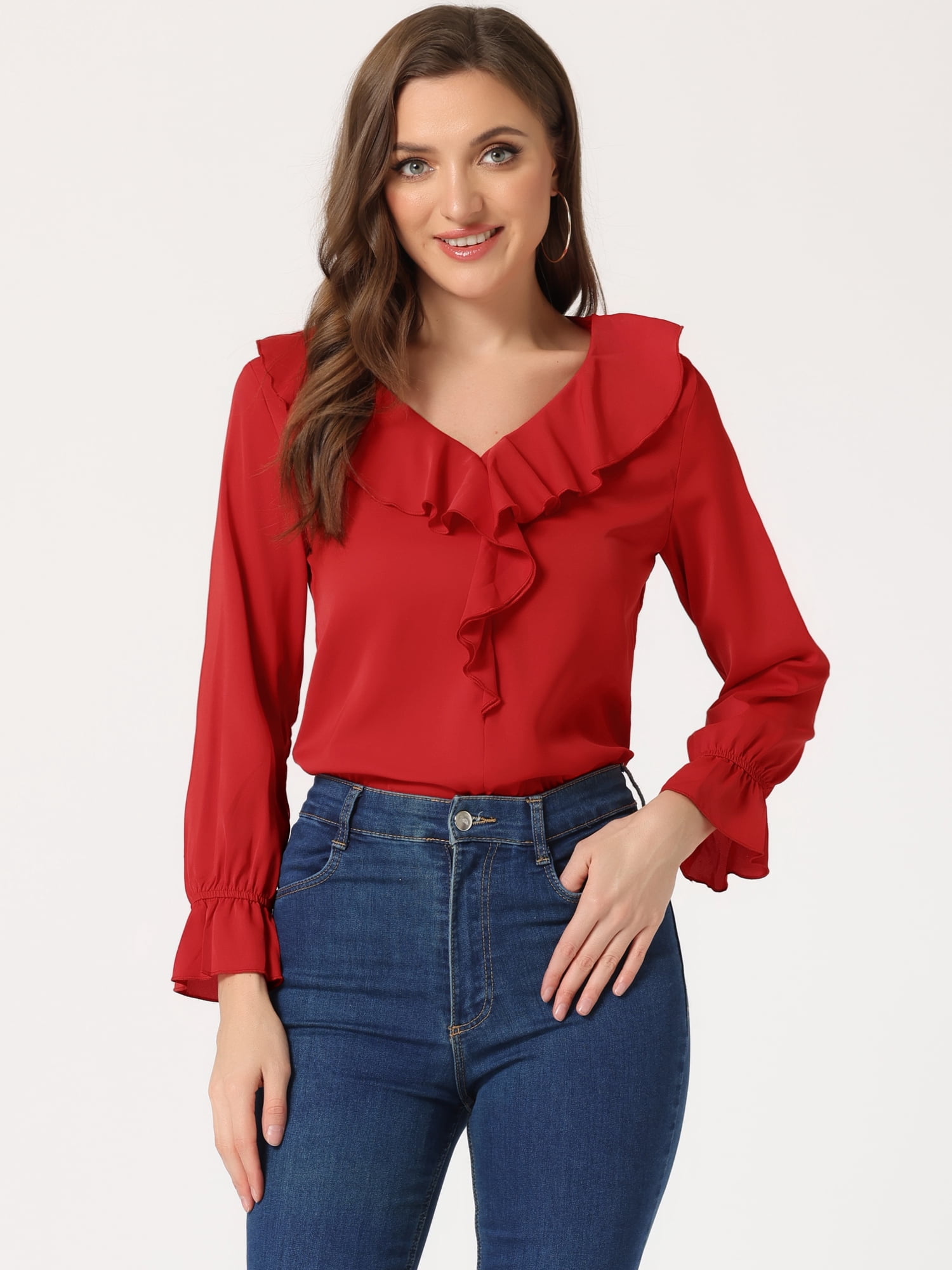 DARING DIVA Women's Ruffle V Neck Chiffon Peasant Blouse XL Red