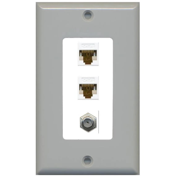 RiteAV Decorative 1 Gang Wall Plate (Gray/White) 3 Port - 2 x Cat6, 1 x Coax