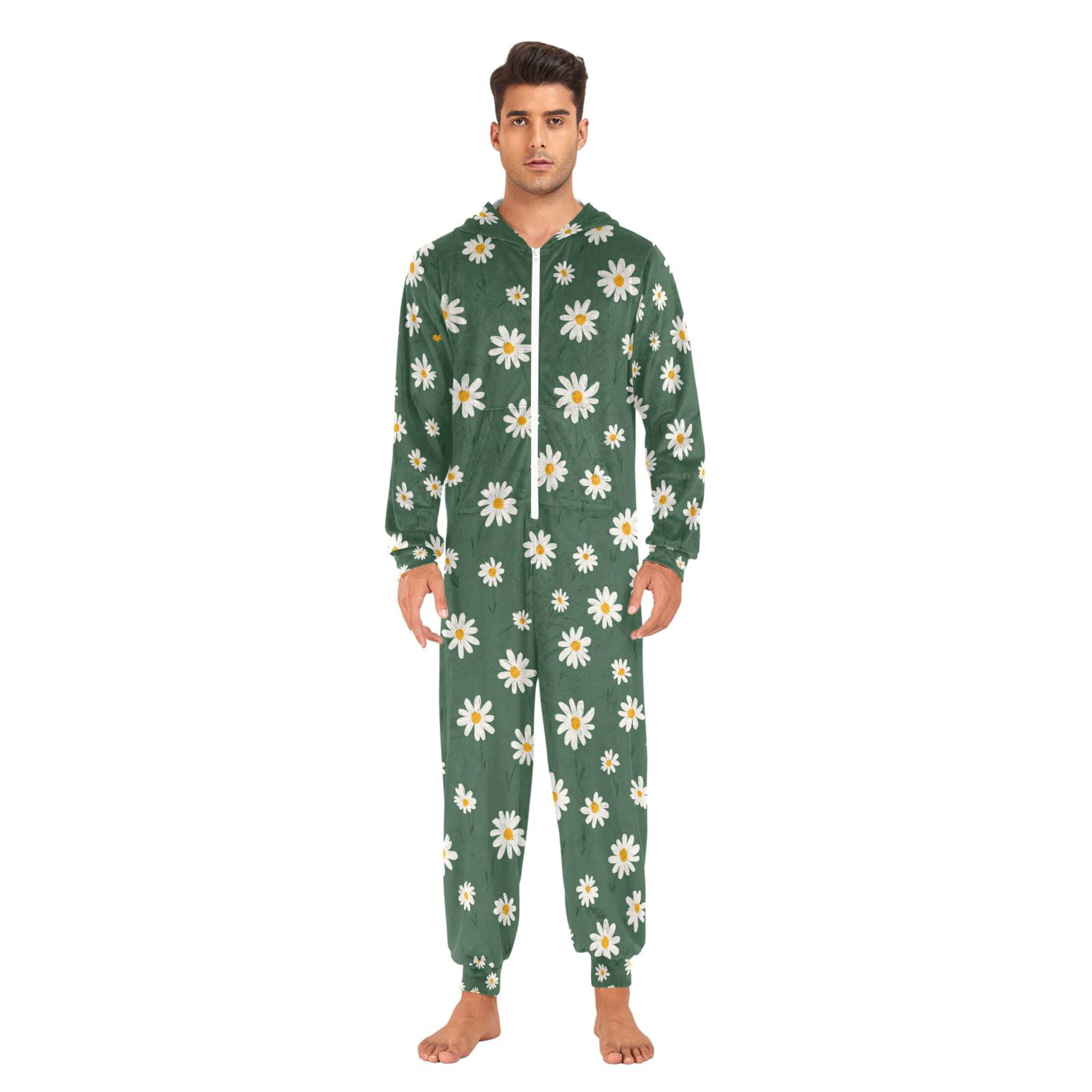 Adult Christmas Onesie Simple Daisy Adult Zipper One-Piece Pajamas Unisex Pajamas with Pockets
