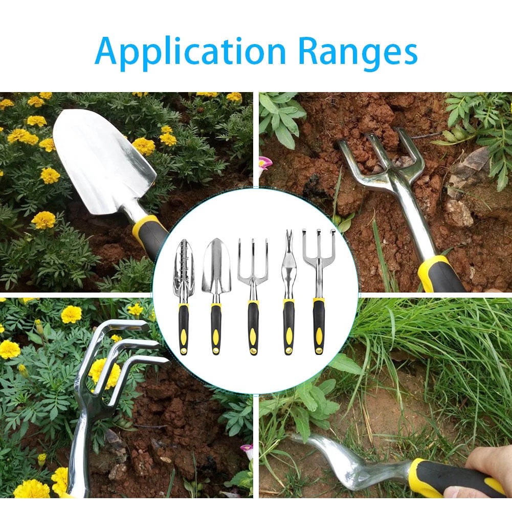 Daboolka Trowel, Shovel, Spade, Rake for Yard Work 5-Piece Yellow Plastic Garden Tool Set