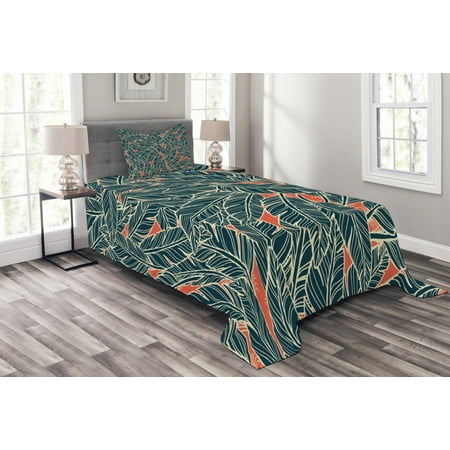 - Feather Bedspread Set, Modern Artistic Display Flying Quills Birds Animals Wildlife Jungle Print, Decorative Quilted Coverlet Set with Pillow Shams Included, Black Scarlet Cream, by Ambesonne