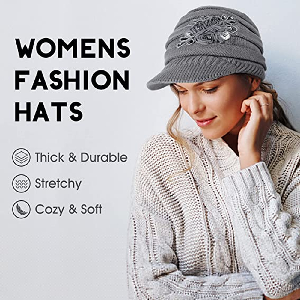 thumbnail image 4 of Yirtree Womens Hats Winter Beanie with Brim Warm Cable Knit Newsboy Cap Visor with Sequined Flower, 4 of 8