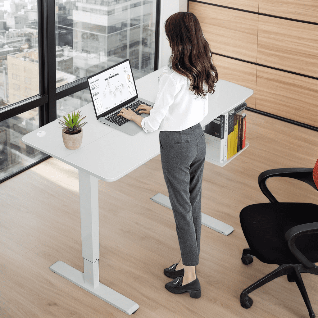 Legooin 55"W x 24"D Mobile Standing Desk with Pre-set Height Function 28"-45" Height Adjustable Computer Table for Multi Monitors, White