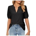 thumbnail image 3 of OSOLU Women Summer Casual V-Neck Solid Color Hollow Puffy Sleeve Loose T-Shirt Tshirts Tee Tops Leisure Women Tops Dressy Casual, 3 of 3