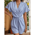 thumbnail image 4 of Mono con Cuello en V y Volantes para Mujer, Liso, Corta, Tirantes en la Espalda, Pantalones Cortos Casuales Holgados. Azul M, 4 of 9