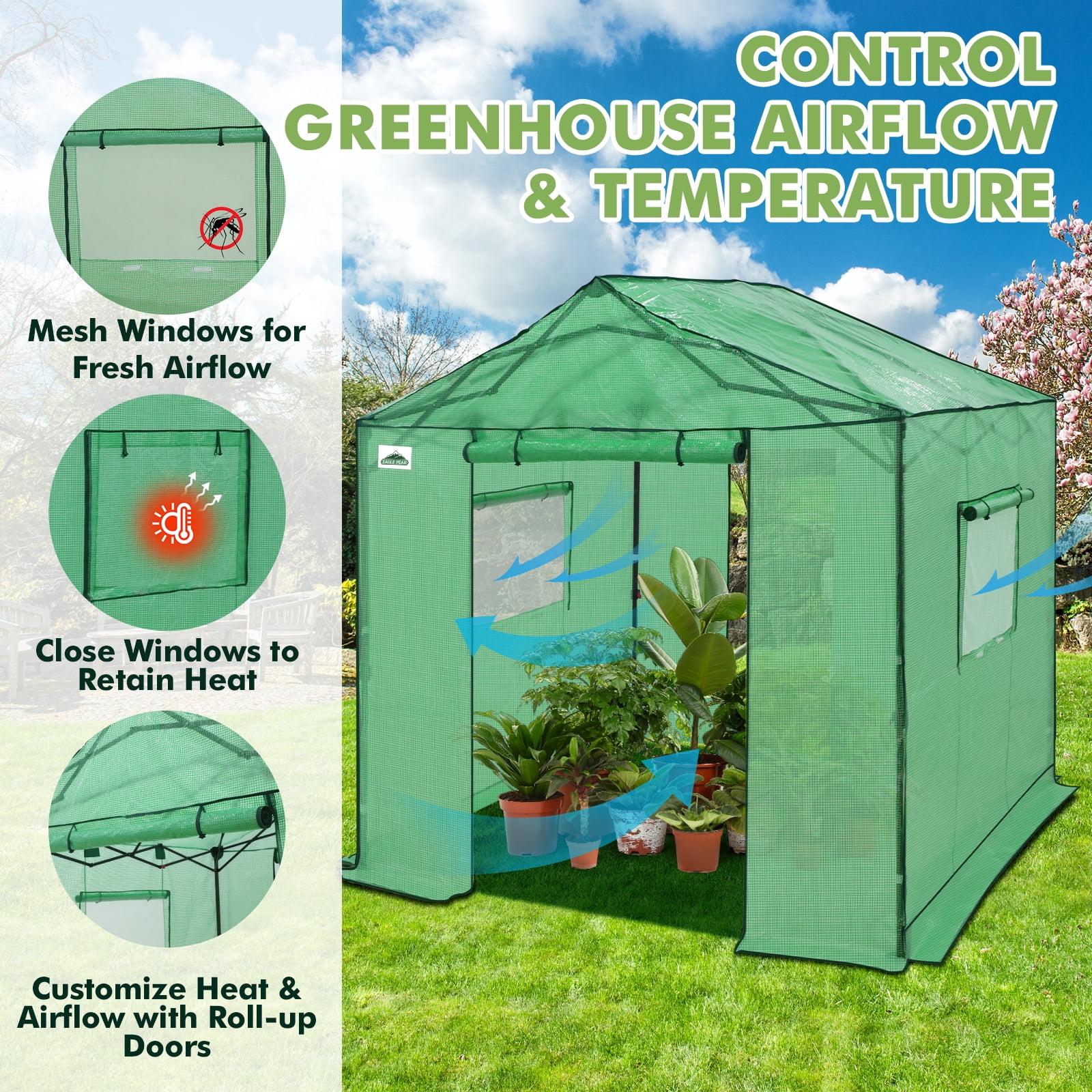 EAGLE PEAK 8x8 FT Portable Walk-in Greenhouse, Pop up Outdoor Green House with Power Access Openings, Green