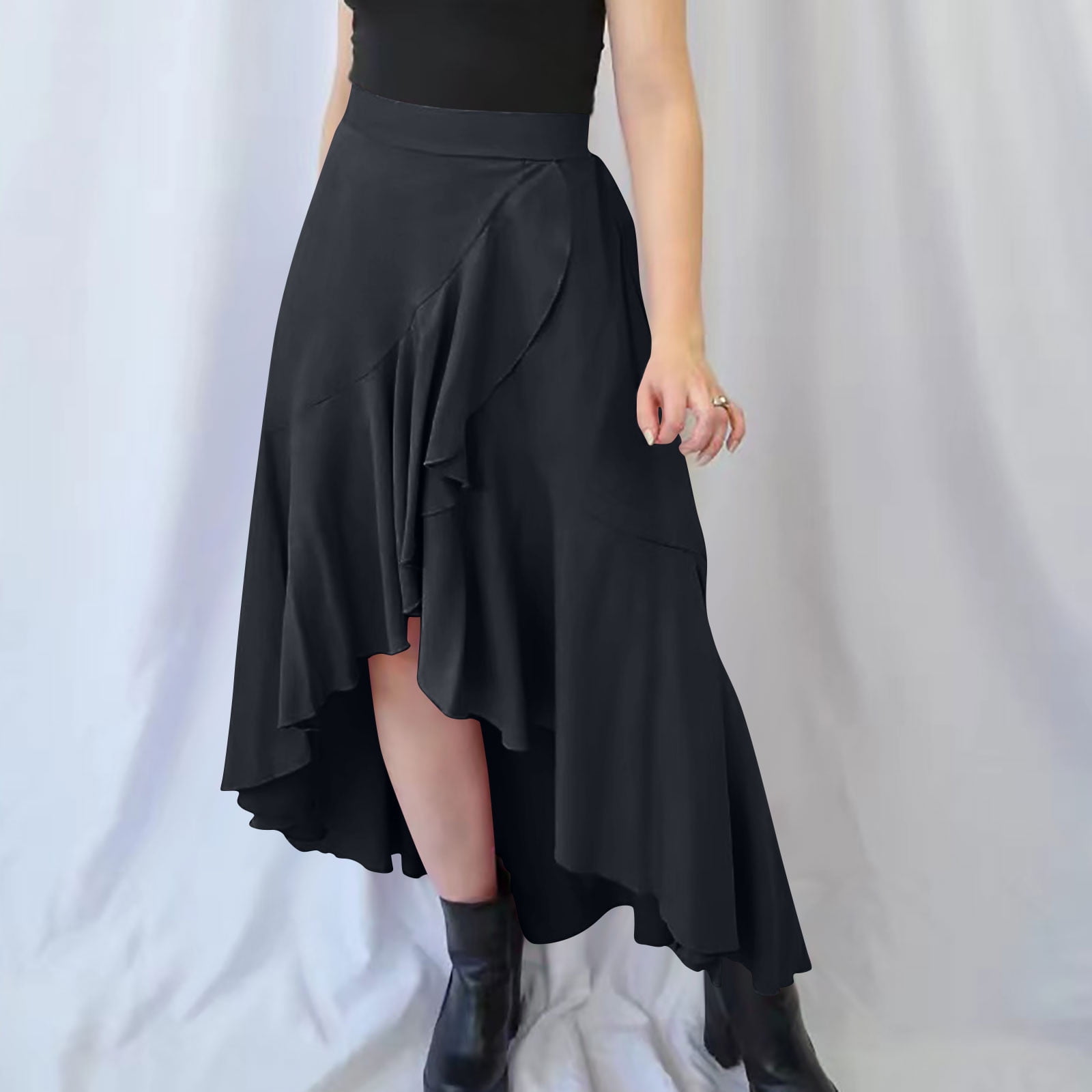 High Low Skirts for Women, Ruffle Wrap Elastic Waist Asymmetrical
