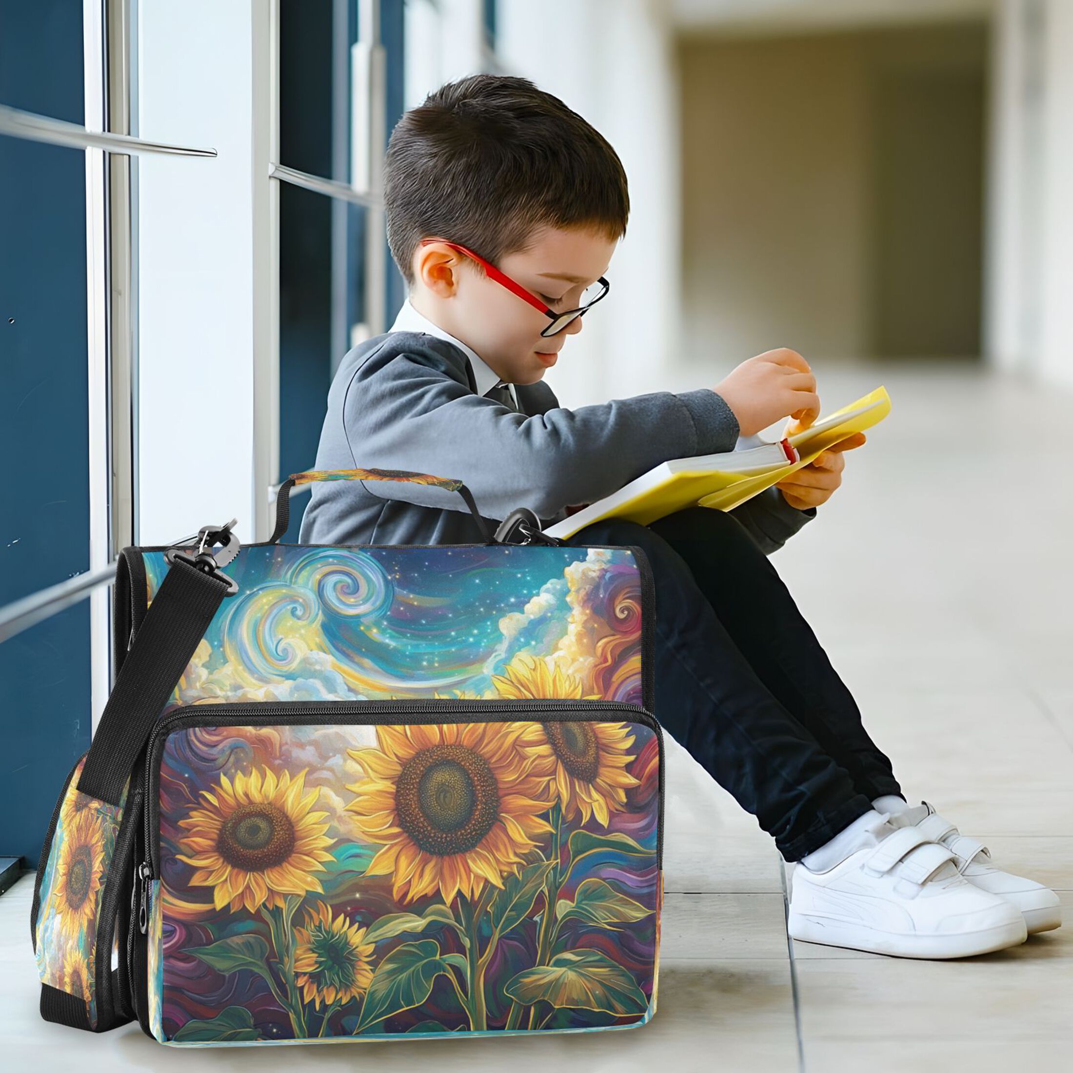 YAZAOO Zipper Binder trapper keeper Documents Organized Design Dreamy Sunflowers in Colorful Universe Printed