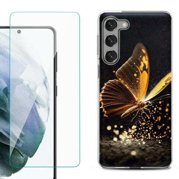 Shockproof Fashion Phone Case for Samsung Galaxy S23 5G, with Tempered Glass Screen Protector, by OneToughShield ® - Golden Butterfly