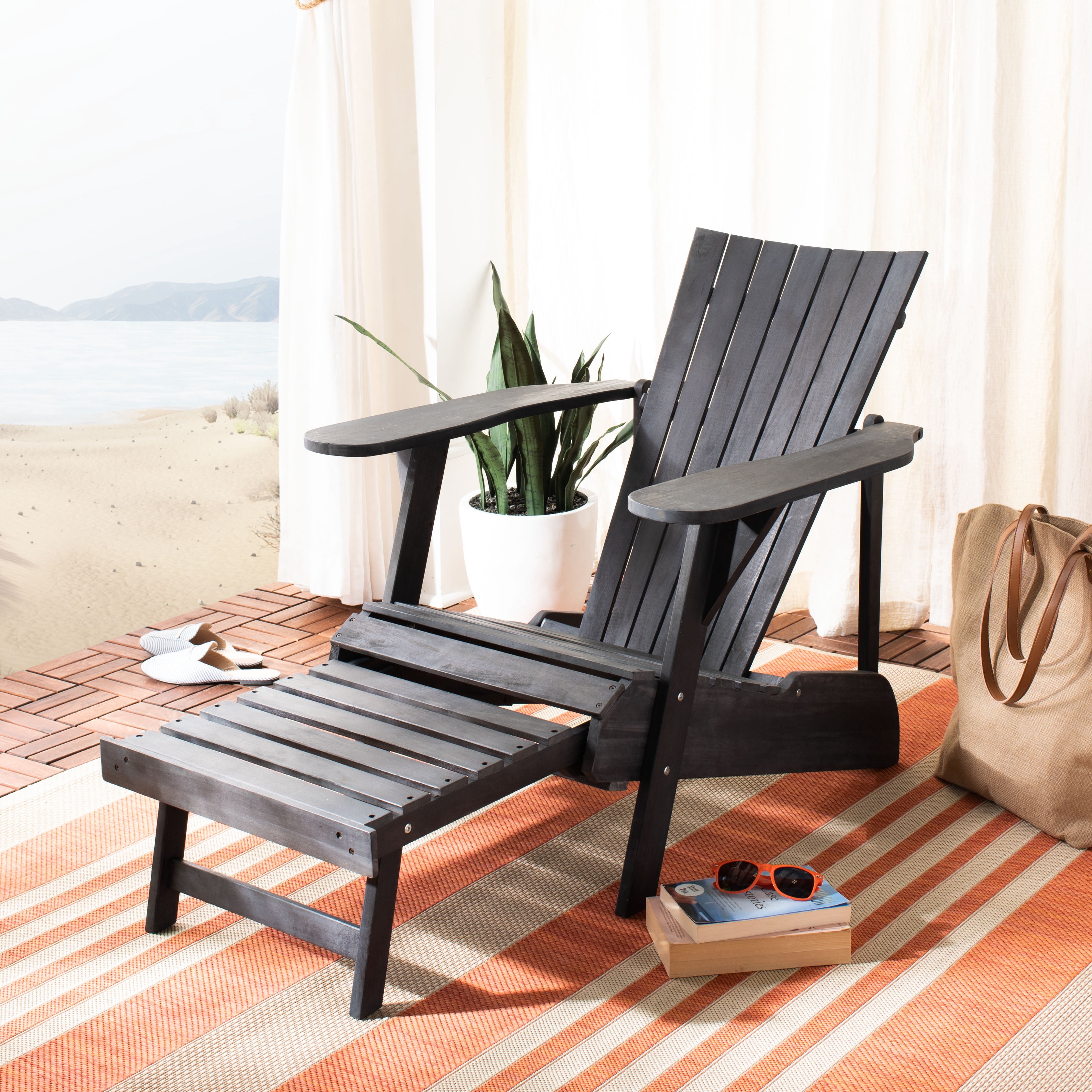 Safavieh Merlin Acacia Wood Adirondack Chair w/ Retractable Footrest in Gray