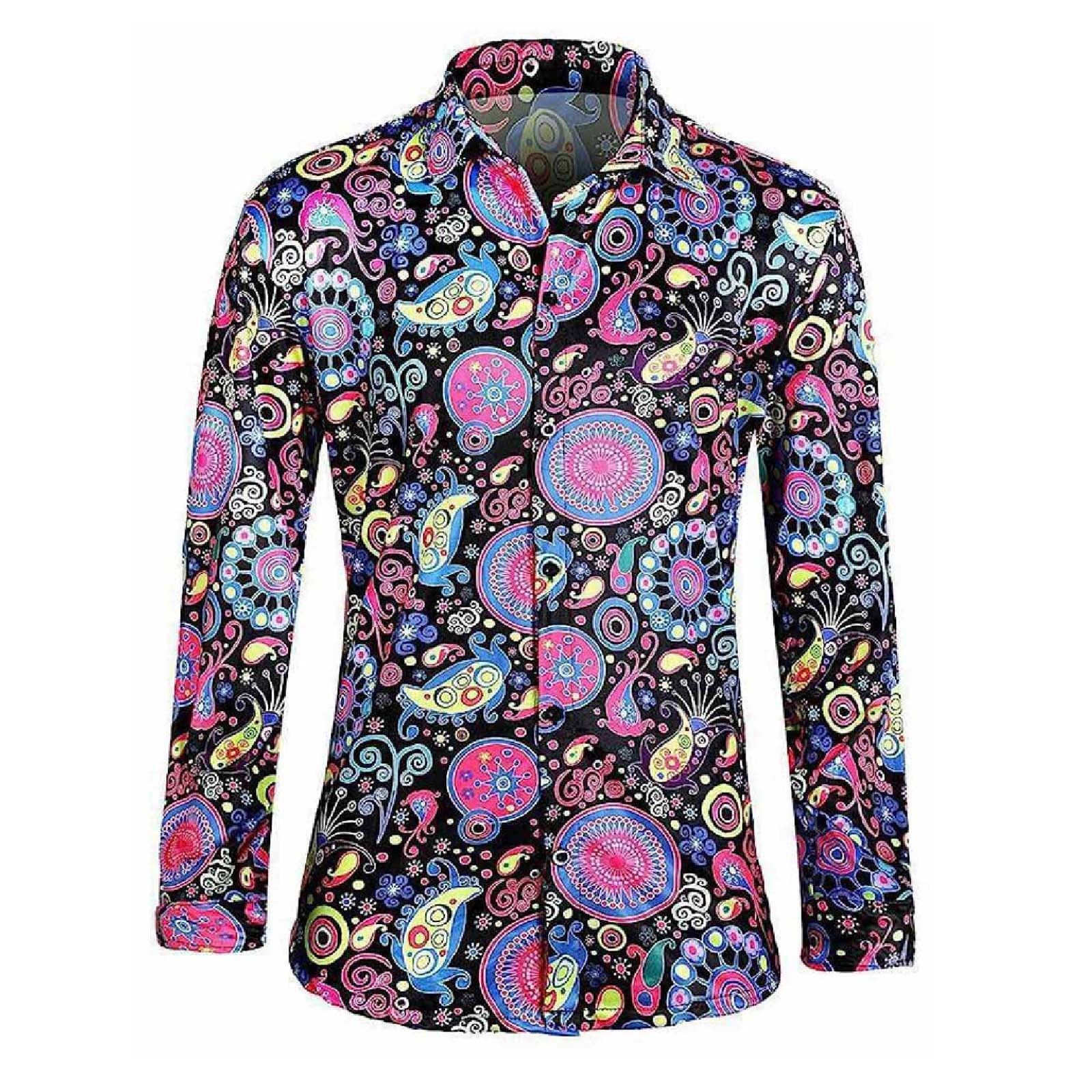 Mens 70s Disco Outfit Retro Floral Shirt Flare Pants Two Piece 