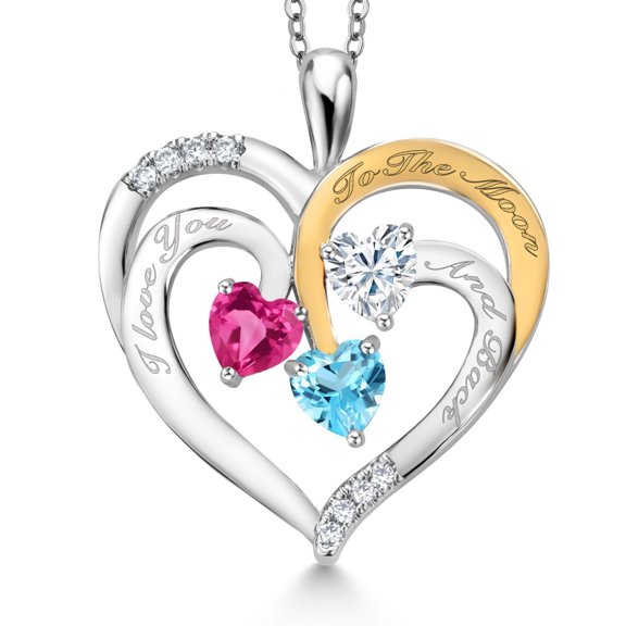 Gem Stone King Two Tone Pink Created Sapphire White Moissanite Swiss Blue Topaz `I love you to the moon and back` Engraved Pendant Necklace for Women (1.57 cttw, Heart Shape 5MM, 18 inch Chain)