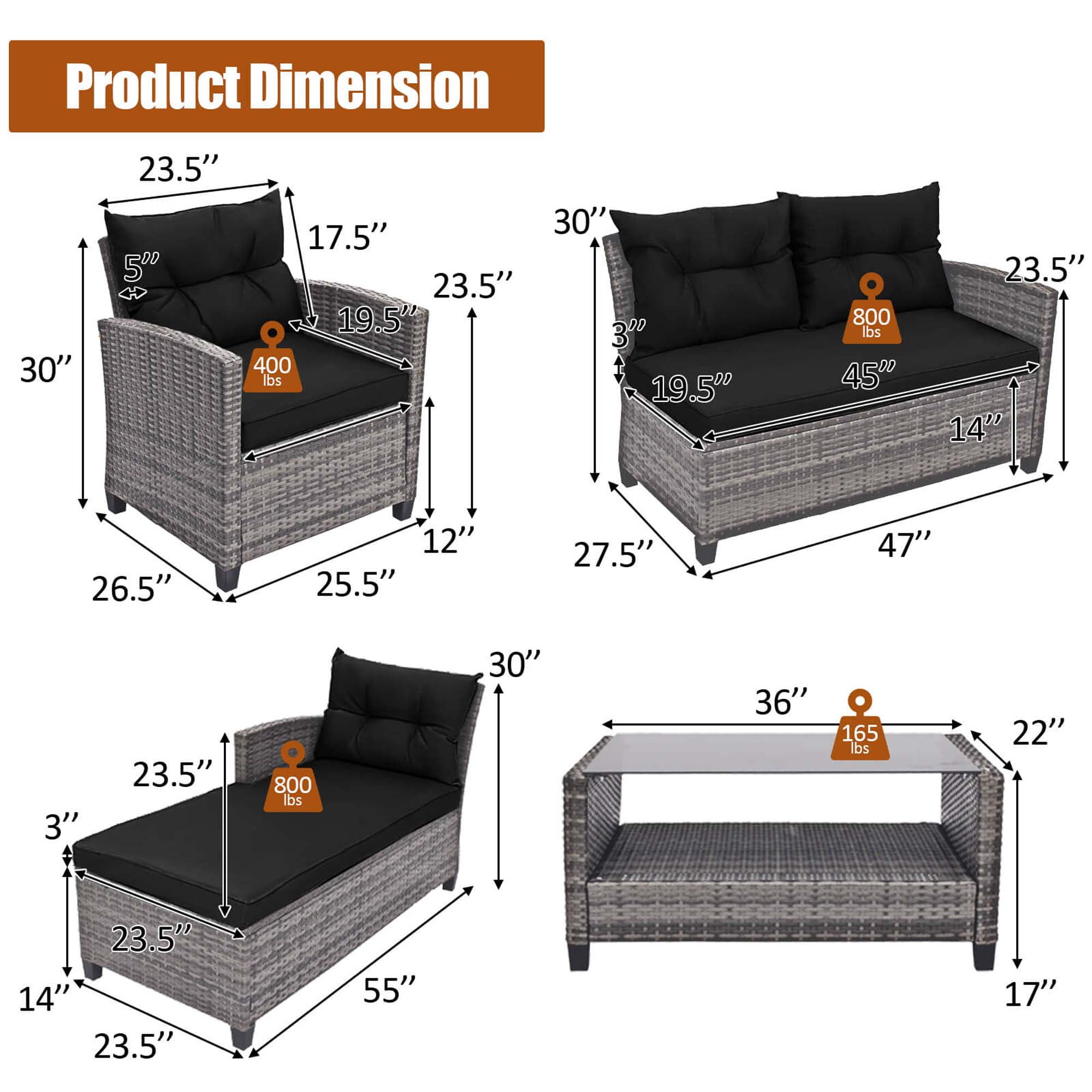 Costway 4 PCS Patio Rattan Furniture Set Sofa Ottoman Cushion Garden Deck Black