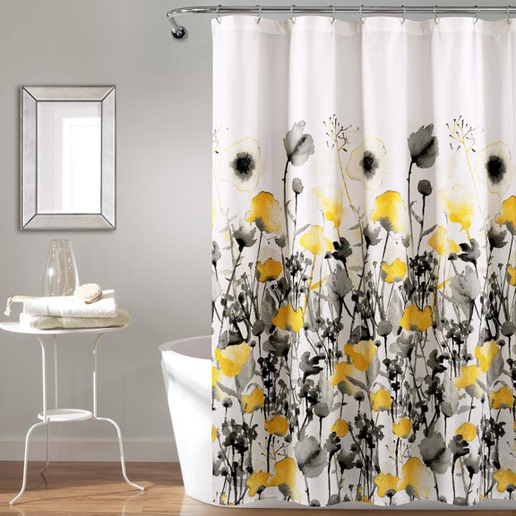 Yellow and Gray Zuri Flora Shower Curtain-Fabric Watercolor Floral Print Design, 72" x 72", 72" x 72