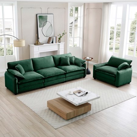 Mid-Century Modern Sofa Set of Two One 3-Seater Sofa and One Single Seat Sofa with 2 Arm Pillows and 4 Throw Pillows 2 Pieces Sofa Set for Living Room Fabric (Green)