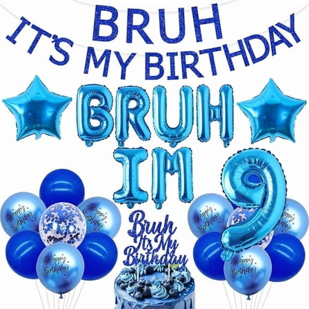 Bruh It's My 9th Birthday Decorations Blue Glitter Bruh It's My Birthday Banner Cake Topper Star Bruh I'm 9 Foil Balloon Banner for Funny Bday Party Supplies